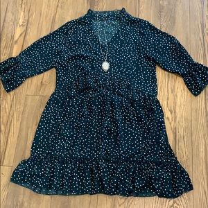 Green Pocket Dress w Ruffles & White Polka Dots
